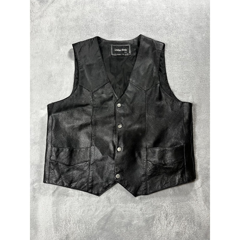 Mens Leather Works Genuine Leather Black Snap Up 4 Pocket Vest Size Large Biker